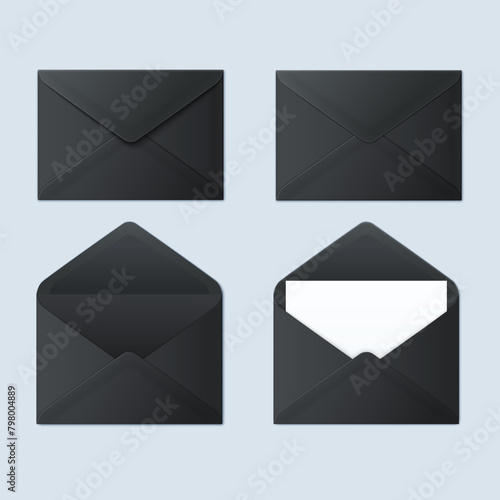 Set of black vector envelopes in different views, isolated on gray background.