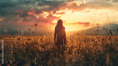 A woman is standing in a field at sunset. Her back is to the camera, and she is facing a dramatic sky filled with clouds that are lit by the golden hues of the sun. The field appears to be full of tal photo
