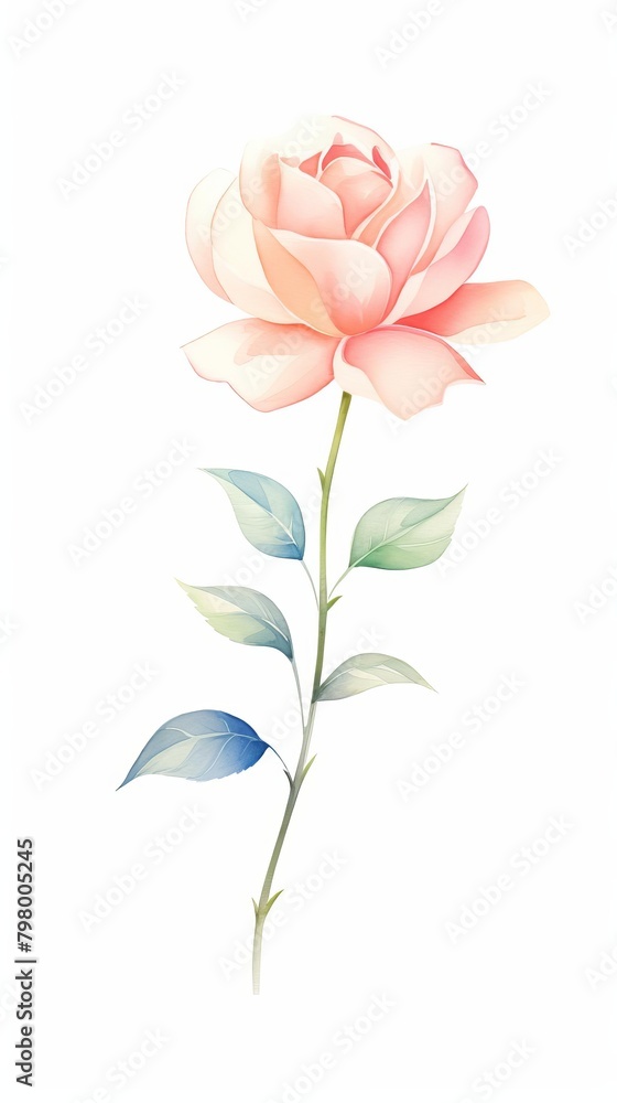 Single object clipart of a magnificent blooming rose, its petals unfolding in rich, vivid hues, rendered in an elegant watercolor style, isolated on white background
