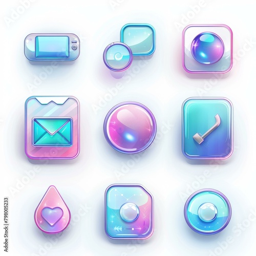 b'A set of 9 colorful glossy web buttons with various symbols'