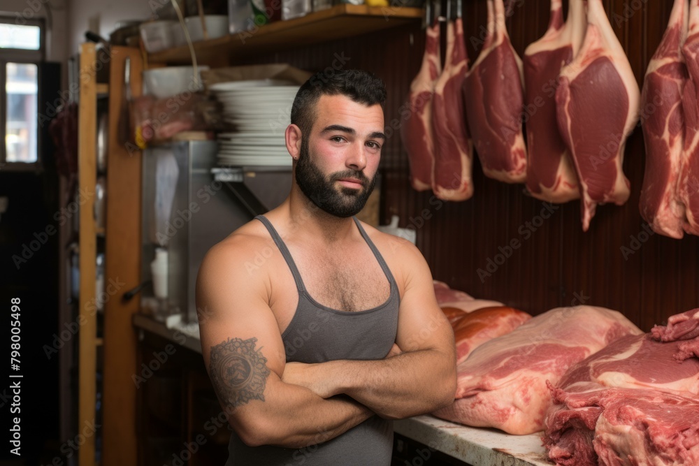 b'Portrait of a male butcher standing with arms crossed in front of meat display' b'Portrait of a male butcher standing with arms crossed in front of meat display'