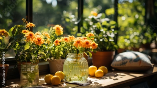 b'Still life with lemons and yellow flowers'