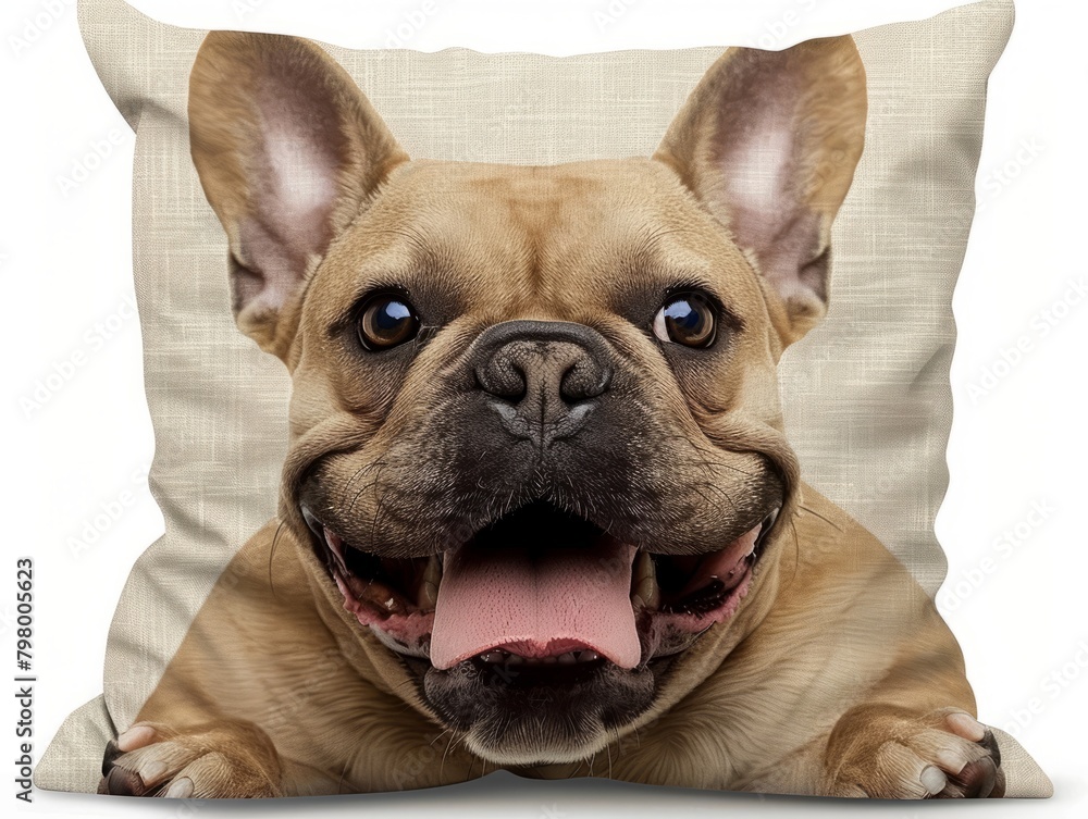  A throw pillow bearing the cheerful face of a French bulldog