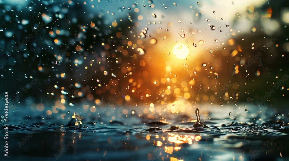 Fototapeta premium The image captures a dynamic scene of raindrops hitting a water surface. The foreground shows clear droplets suspended in the air and ripple effects on the water, while the background features the gol