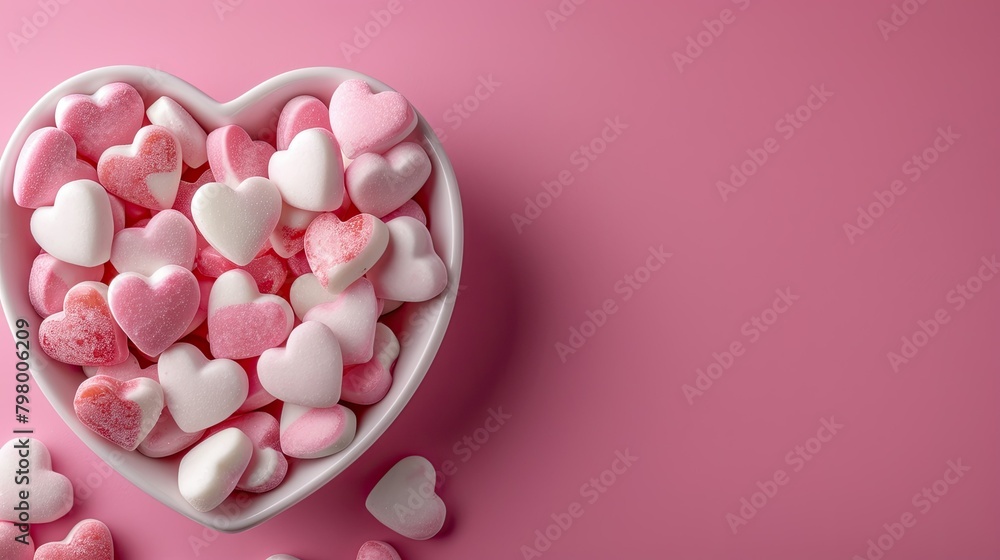 A close up shot of a heart shaped bowl filled with candy hearts in pink and white hues sits against a soft pink background This delightful banner features an array of small sweet hearts per A close up shot of a heart shaped bowl filled with candy hearts in pink and white hues sits against a soft pink background This delightful banner features an array of small sweet hearts per