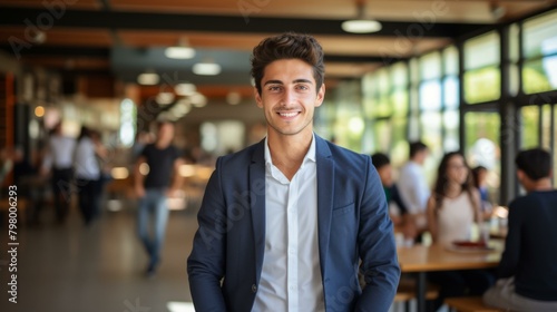 b'Portrait of a young man smiling in a modern office space'