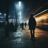 b'Motion blur of people on a train platform at night with a man in the foreground'