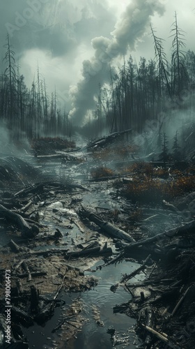 b'Post-apocalyptic landscape with dead trees and a river flowing through the middle' photo