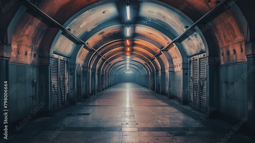The image showcases a long, empty underground corridor with arched metallic ceiling segments. The walls and ceiling have a patina of orange and teal hues, with fluorescent lights running along the spi