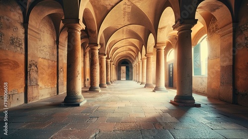 An elegant corridor of a historical building is presented, featuring a series of textured, sturdy columns supporting pointed arches that form a repeating pattern along the passage. The floors are made photo