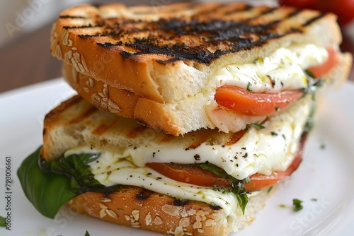 Healthy grilled basil mozzarella caprese panini sandwich, perfectly balanced meal option photo