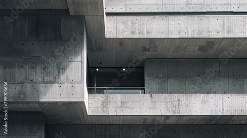 The image showcases a close-up view of a modern architectural structure characterized by its raw concrete surfaces with visible formwork marks and tie holes. The composition highlights the geometric f
