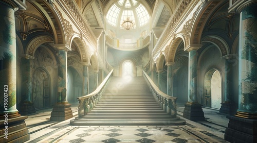 The image features an opulent grand staircase in what appears to be a luxurious palace or public building. The stairs divide symmetrically at a landing halfway up, leading to two upward flights that c photo