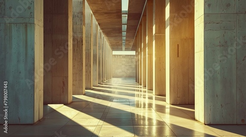 The image captures a serene and structured architectural corridor. Lined with sturdy columns on each side  the corridor features a floor that glistens with sunlight  indicating a period during the day