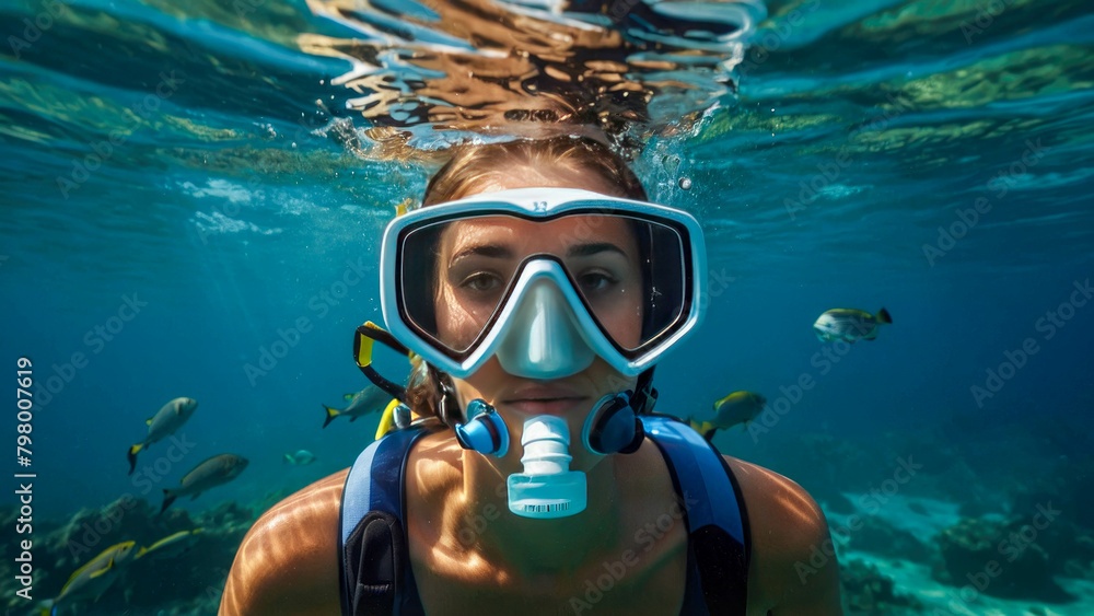 Young woman diver snorkeling in the tropical coral reef in the sea underwater Young woman diver snorkeling in the tropical coral reef in the sea underwater