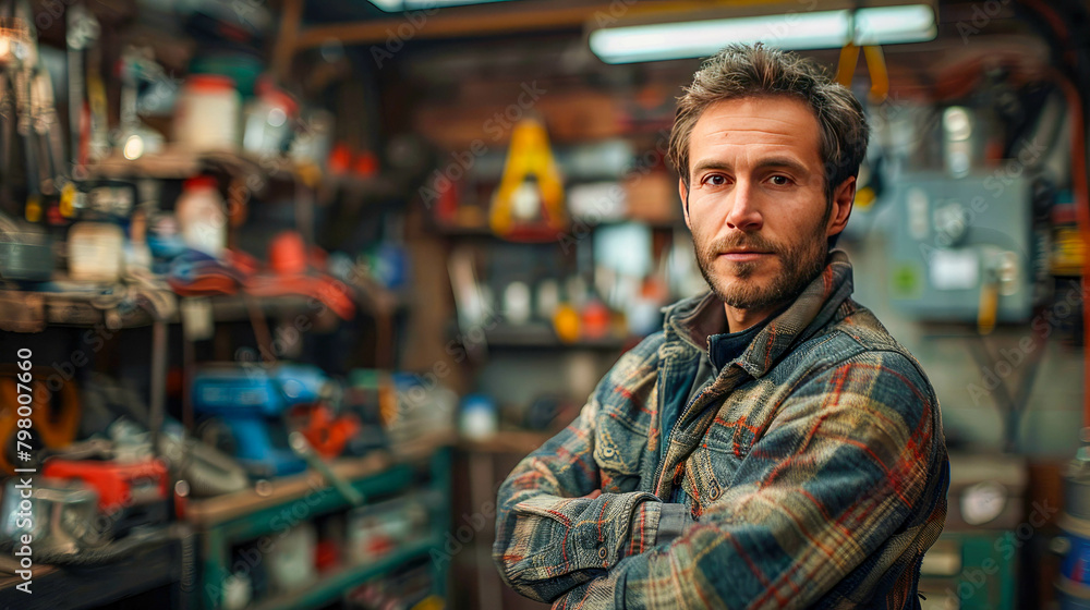 Portrait of a man in a repair shop. Selective focus Portrait of a man in a repair shop. Selective focus