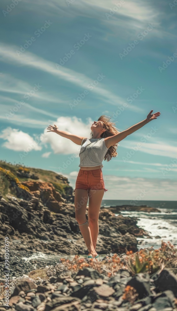 Woman breathing in fresh air and enjoying the sunny day with outstretched arms on a rocky beach Woman breathing in fresh air and enjoying the sunny day with outstretched arms on a rocky beach