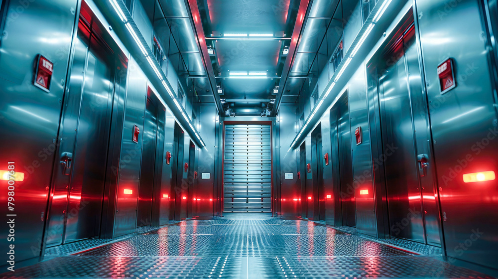 Elevator hall, many high-speed safe elevators for transporting residents in a modern high-tech building skyscraper house Elevator hall, many high-speed safe elevators for transporting residents in a modern high-tech building skyscraper house