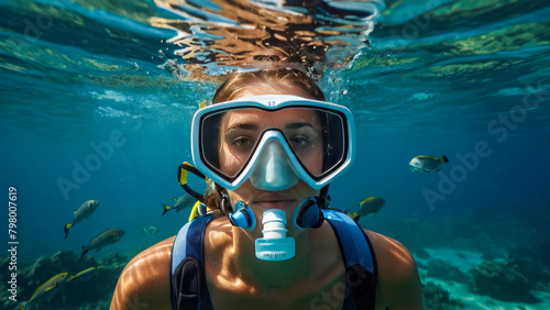 Wallpaper Mural Young woman diver snorkeling in the tropical coral reef in the sea underwater Torontodigital.ca