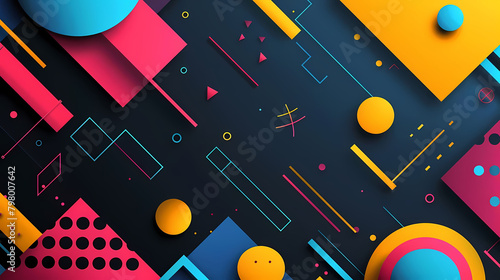 abstract geometric poster design featuring a blue balloon and yellow circle on a colorful background