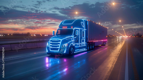 Truck on the road in night. Modern electric futuristic unmanned truck smart electric car. Logistics and cargo transportation concept