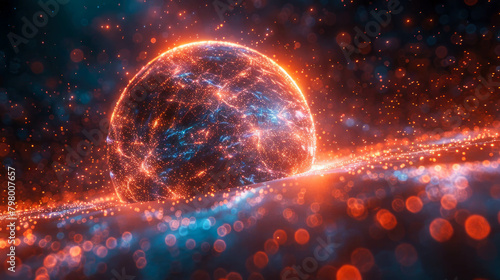 Glass energy abstract sphere with particles and glowing lights on a dark background photo