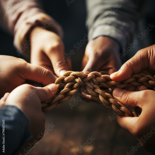 b'Multiracial group of people holding a rope together'