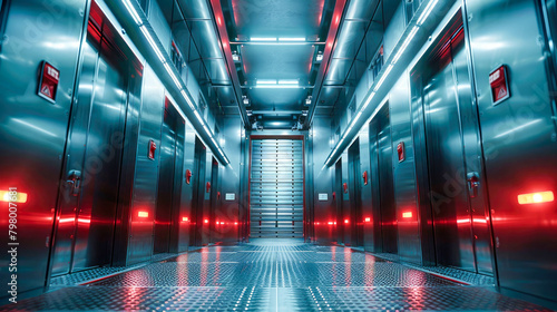 Elevator hall, many high-speed safe elevators for transporting residents in a modern high-tech building skyscraper house