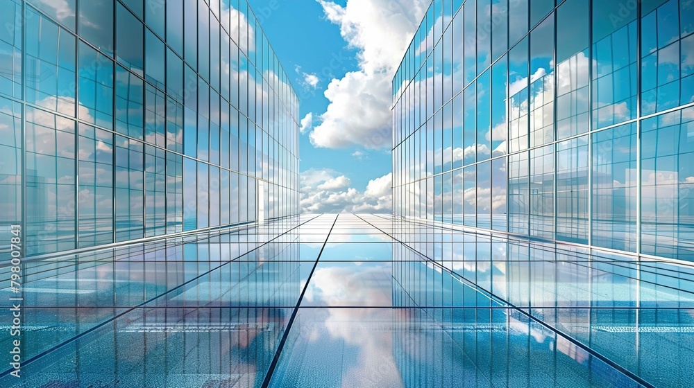 The image features a perspective view of a modern glass building. The facade is made up of large, reflective blue-tinted glass panels that mirror the sky and clouds, creating a seamless blend of archi The image features a perspective view of a modern glass building. The facade is made up of large, reflective blue-tinted glass panels that mirror the sky and clouds, creating a seamless blend of archi