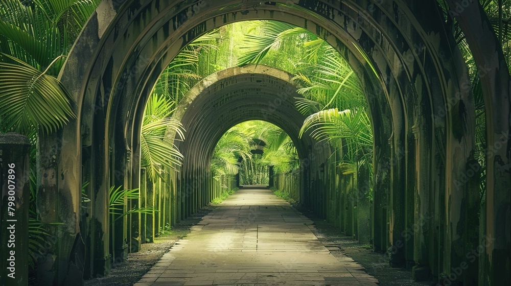 A serene pathway is lined with an array of arched structures that appear to be made from metal, creating a tunnel-like effect. The arches are overgrown with lush greenery and tropical palm fronds that