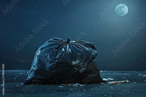 An artistic view of a garbage bag in the moonlight, casting a glow from the valuable items inside © Boraryn
