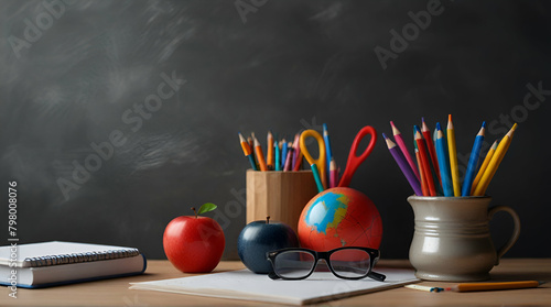 School supplies on blackboard background ready for your design. Genrative.ai 
 photo