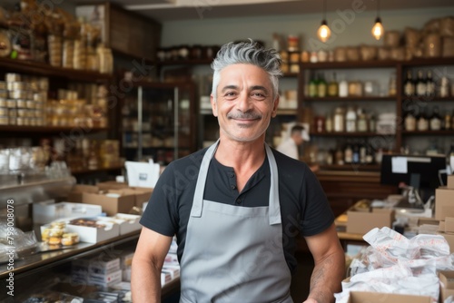 b'Portrait of a male business owner wearing an apron standing in his shop'