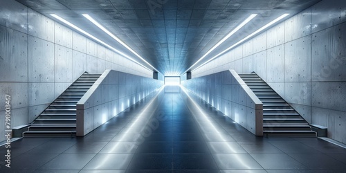 b'Futuristic tunnel with stairs and bright light at the end'