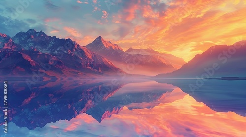 An awe-inspiring graphic depiction of a mountain range at sunset, with the sky ablaze in hues of orange and pink, casting a serene reflection on a tranquil lake below © Boraryn