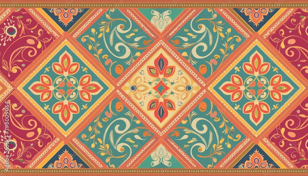 Rectangular seamless Bandana Print vector design for rug, carpet, tapis, shawl, towel, textile, yoga mat. Neck scarf or kerchief pattern design. Traditional ornamental ethnic pattern with paisley