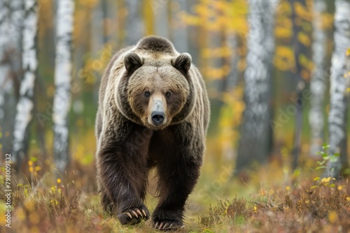 b'A large brown bear walking through a forest'