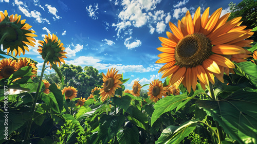 Sunflowers sway under azure skies amidst lush greenery.