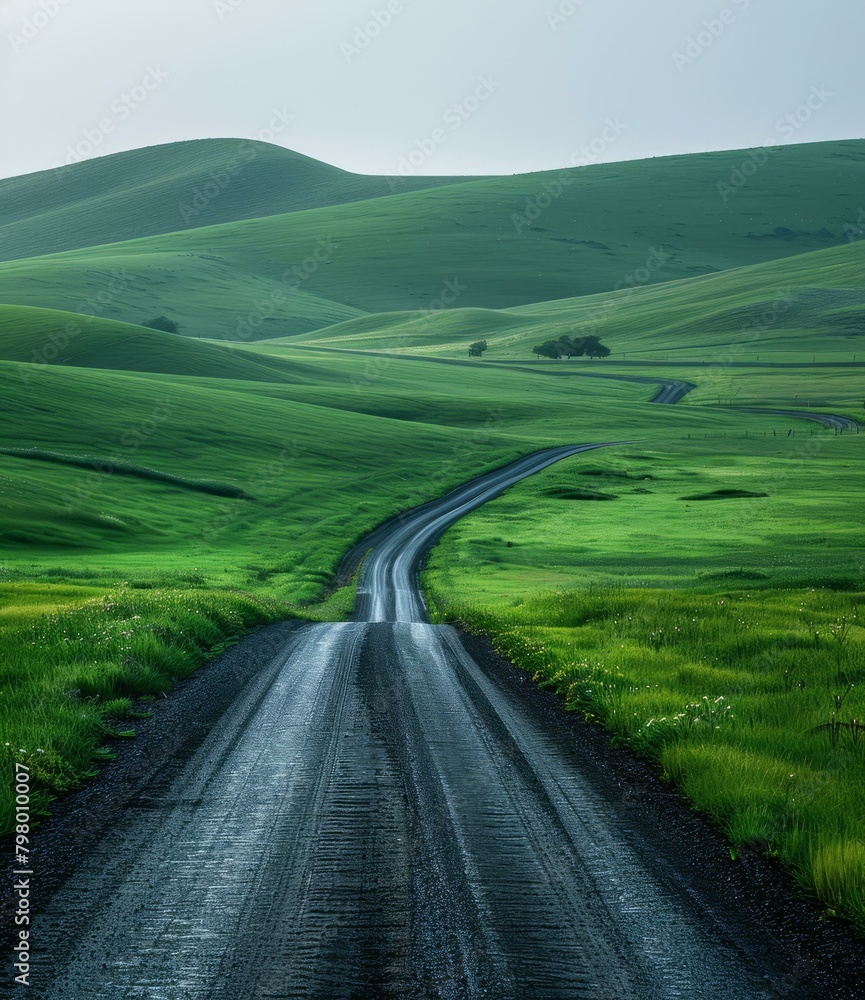 b'Scenic view of a rural road winding through green hills'