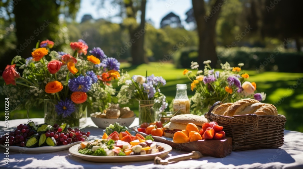 b'A picnic in the park with a beautiful flower arrangement'
