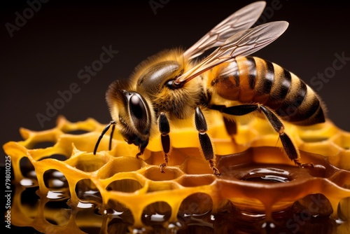 Honey bees on honeycombs. Wax, perga pollen and honey. Beekeeping, wholesome food for health. photo