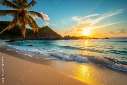 b'Beach sunset landscape with palm trees and blue ocean' © Adobe Contributor