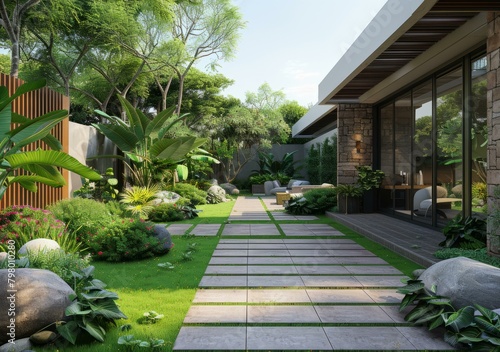 b'Courtyard with tropical plants and a modern house in the background' © Adobe Contributor