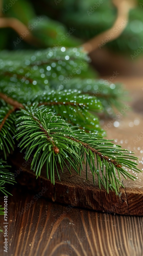 b'Close-up of a fir branch with dew drops on a wooden background' b'Close-up of a fir branch with dew drops on a wooden background'