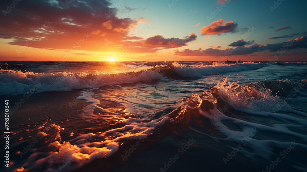 Colorful Ocean Wave. Sea water in crest shape. Sunset light and beautiful clouds on background