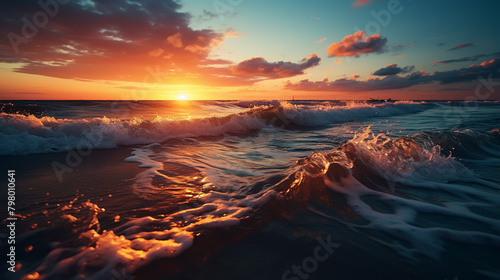 Colorful Ocean Wave. Sea water in crest shape. Sunset light and beautiful clouds on background photo