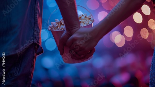 Dreamy blurs of a couple holding hands and sharing a bucket of popcorn their faces lit up by the warm glow of the movie theater ambiance creating the perfect backdrop for a romantic .