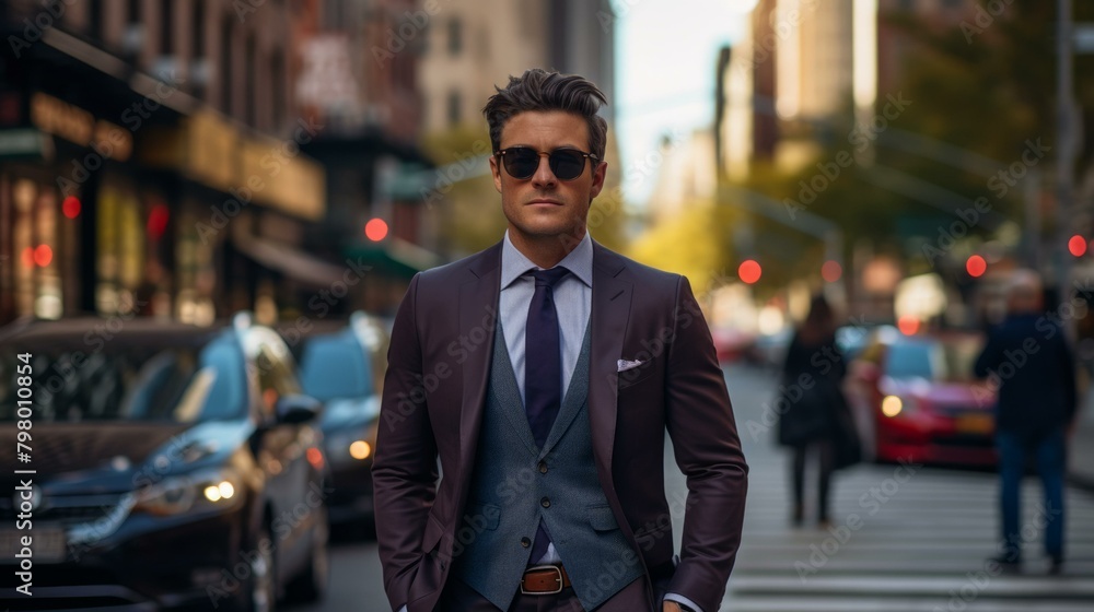 b'A man in a suit and sunglasses is walking down a busy street.'