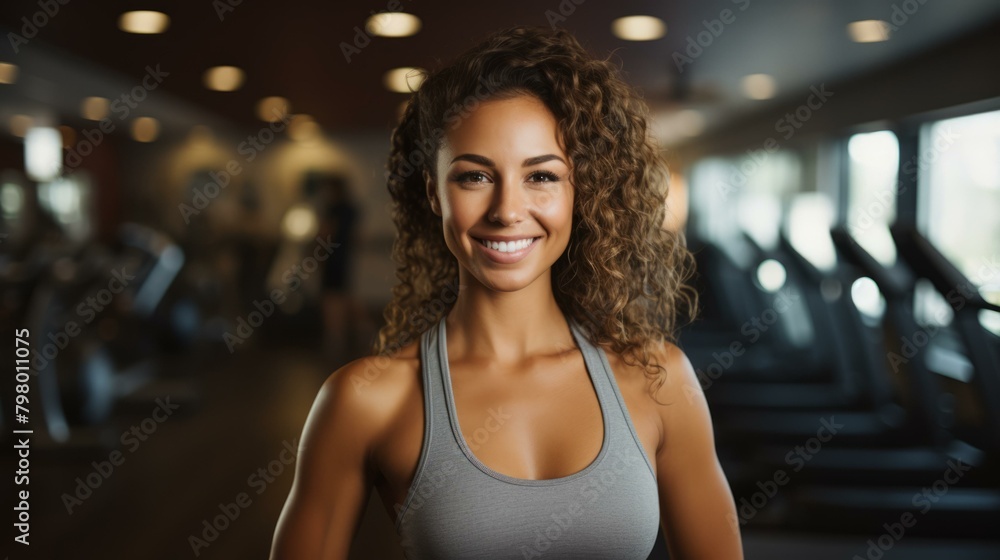 b'Portrait of a young woman with curly hair smiling in a fitness center'