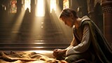 b'A man is praying in a church with light shining through the stained glass windows'